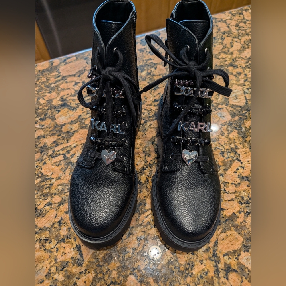 Karl Lagerfeld Paris Mela embellished combat booties 